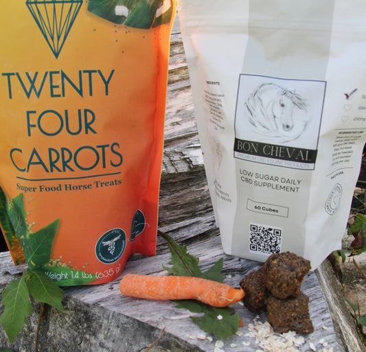 Horse treats packaging with carrots and CBD supplement on a rustic surface